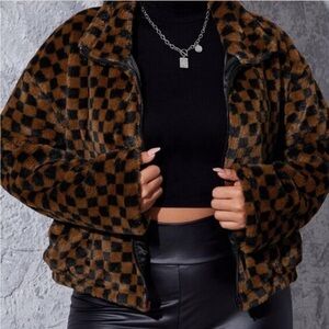 SHEIN Black and Brown Checkered Teddy Jacket